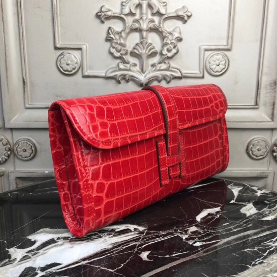 Hermes Jige Elan 29 Clutch In Red Crocodile Leather