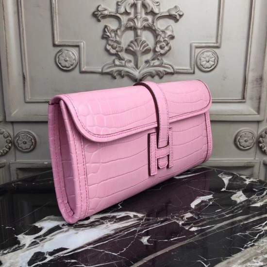 Hermes Jige Elan 29 Clutch In Pink Crocodile Leather