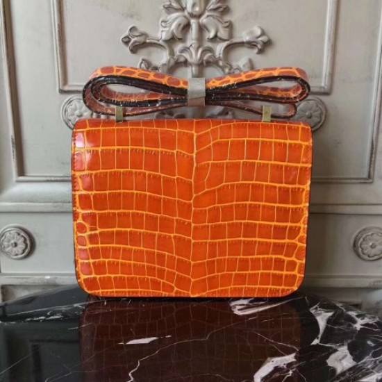 Hermes Orange Constance MM 24cm Crocodile Bag