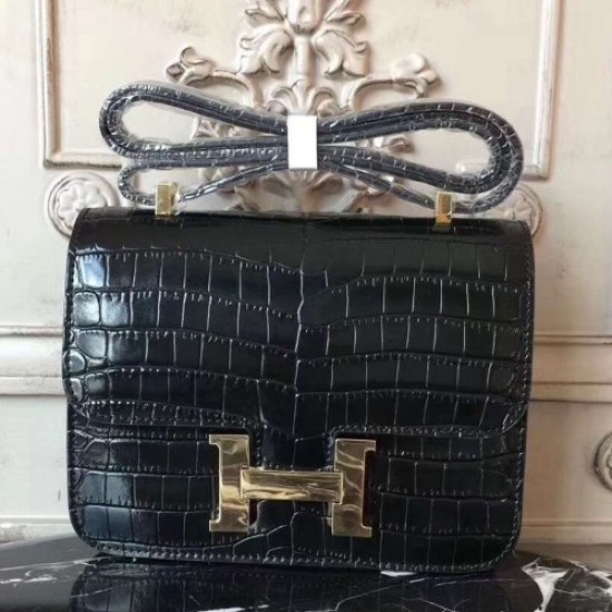 Hermes Black Constance MM 24cm Crocodile Bag