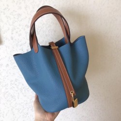 Hermes Bicolor Picotin Lock MM 22cm Blue Jean Bag