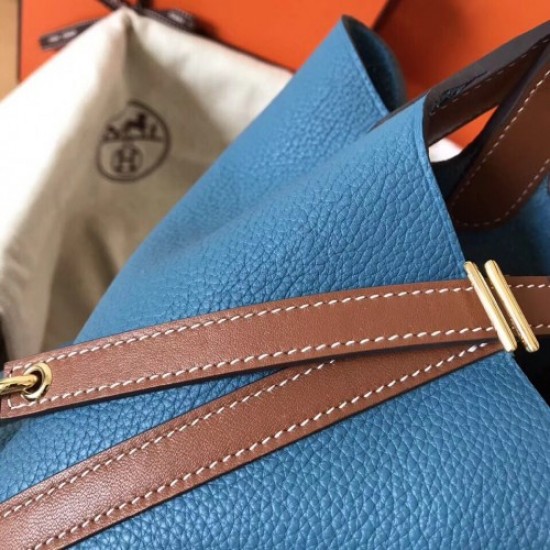 Hermes Bicolor Picotin Lock MM 22cm Blue Jean Bag