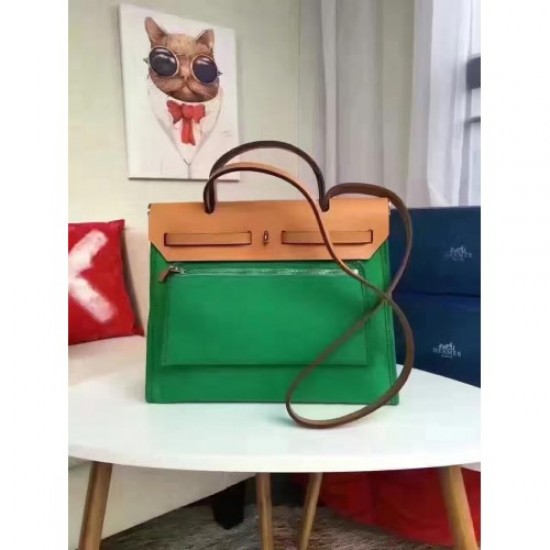 Hermes Herbag Zip PM 31cm Bag In Green Canvas