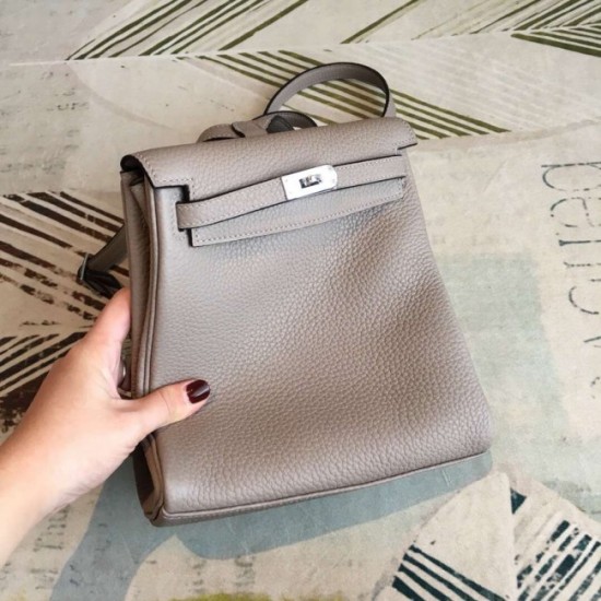 New AAA Hermes Gris Asphalt Clemence Kelly Ado PM Backpack