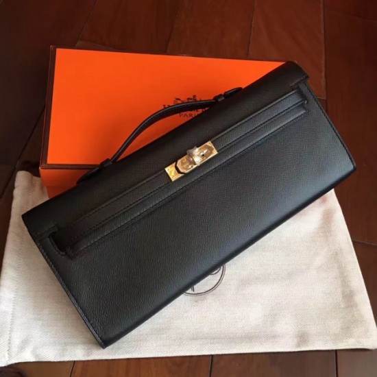 High Quality Imitation Hermes Black Epsom Kelly Cut Clutch Handmade Bag Replica 