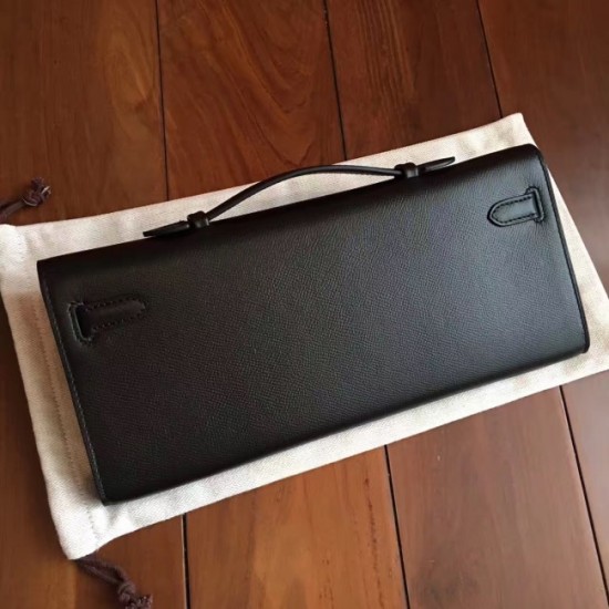 High Quality Imitation Hermes Black Epsom Kelly Cut Clutch Handmade Bag Replica 