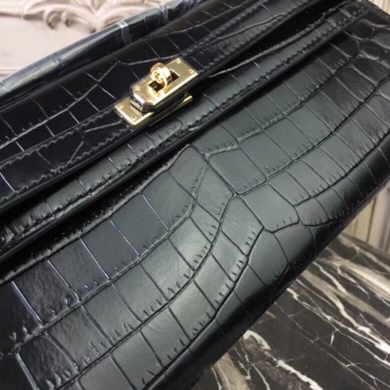 Knockoff Luxury Hermes Black Crocodile Kelly Cut Clutch Bag