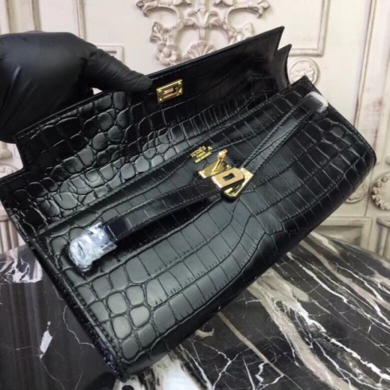 Knockoff Luxury Hermes Black Crocodile Kelly Cut Clutch Bag