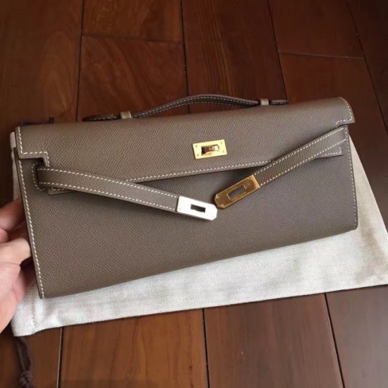 Hermes Etoupe Epsom Kelly Cut Clutch Handmade Bag