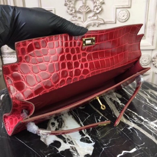 Fashion Hermes Red Crocodile Kelly Cut Clutch Bag