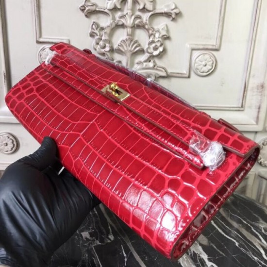 Fashion Hermes Red Crocodile Kelly Cut Clutch Bag