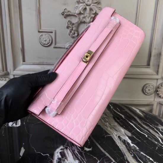 High Quality High Quality Hermes Pink Crocodile Kelly Cut Clutch Bag