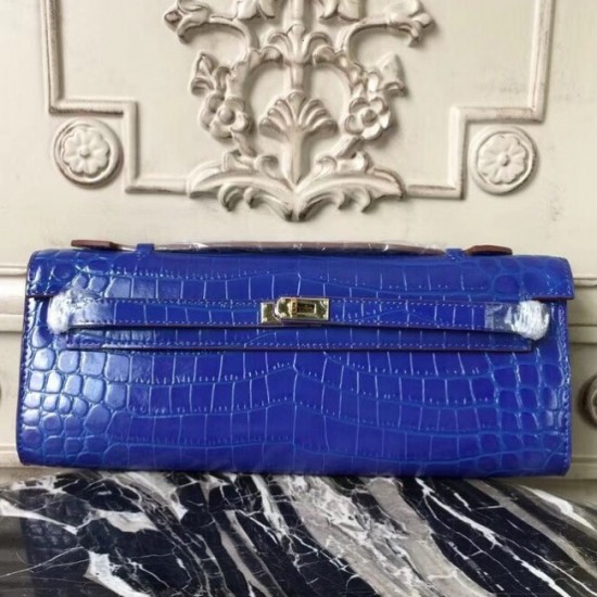 Imitation Hermes Blue Electric Crocodile Kelly Cut Clutch Bag