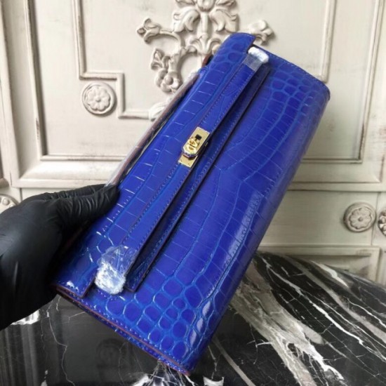 Imitation Hermes Blue Electric Crocodile Kelly Cut Clutch Bag