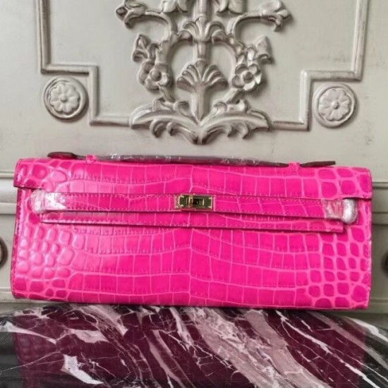 First-class Quality Hermes Rose Red Crocodile Kelly Cut Clutch Bag