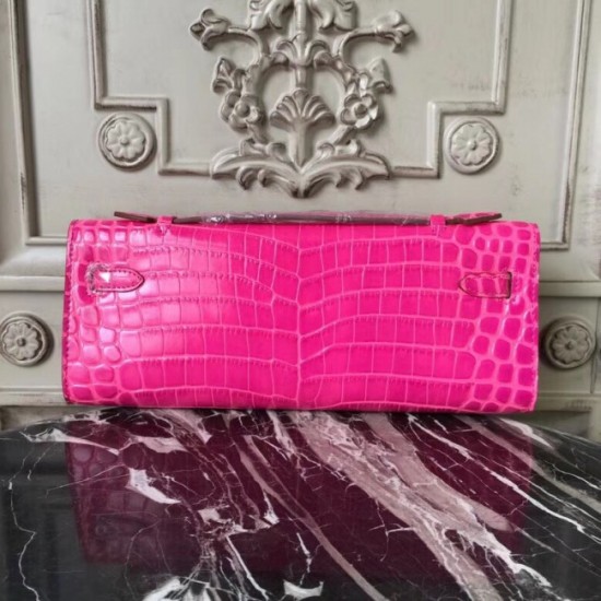 First-class Quality Hermes Rose Red Crocodile Kelly Cut Clutch Bag