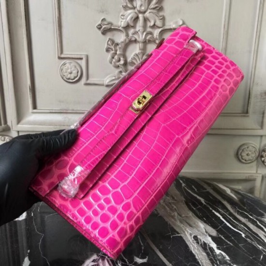 First-class Quality Hermes Rose Red Crocodile Kelly Cut Clutch Bag