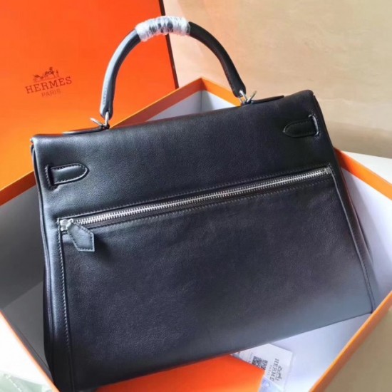 Cheap Copy Hermes Black Kelly Lakis 35cm Handmade Bag