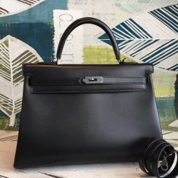 Designer Luxury Replica Hermes All Black Box Kelly 35cm Handmade Bag