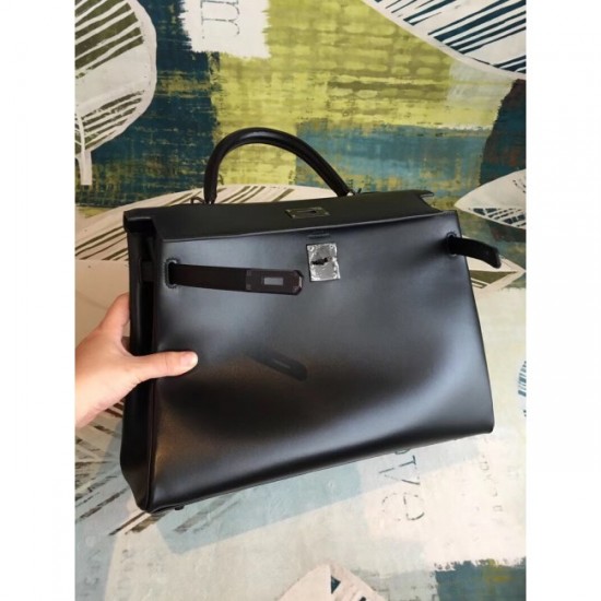 Designer Luxury Replica Hermes All Black Box Kelly 35cm Handmade Bag