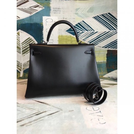 Designer Luxury Replica Hermes All Black Box Kelly 35cm Handmade Bag