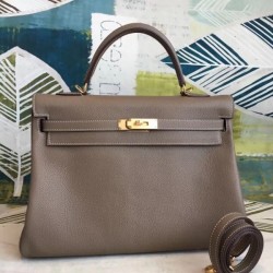 Replica Designer Fake Hermes Taupe Clemence Kelly 35cm Handmade Bag