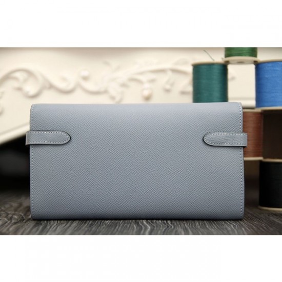 Replica High Quality Hermes Kelly Longue Wallet In Blue Lin Epsom Leather