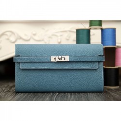 Copy Luxury Replica Hermes Kelly Longue Wallet In Jean Blue Clemence Leather