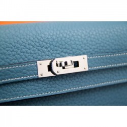 Copy Luxury Replica Hermes Kelly Longue Wallet In Jean Blue Clemence Leather