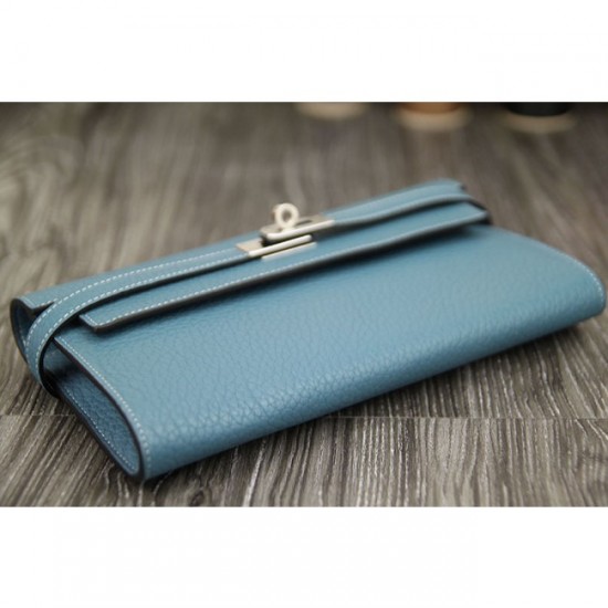 Copy Luxury Replica Hermes Kelly Longue Wallet In Jean Blue Clemence Leather