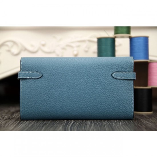 Copy Luxury Replica Hermes Kelly Longue Wallet In Jean Blue Clemence Leather