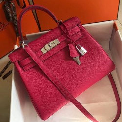 Hermes Kelly 28cm Retourne Bag In Rose Red Clemence Leather