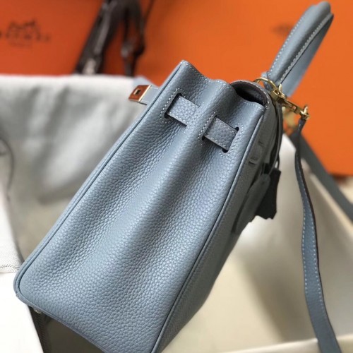 Hermes Kelly 28cm Retourne Bag In Blue Lin Clemence Leather