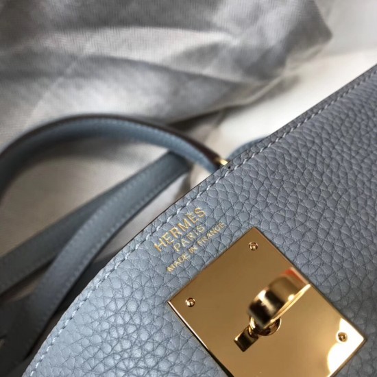 Hermes Kelly 28cm Retourne Bag In Blue Lin Clemence Leather