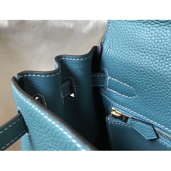 Hermes Kelly 28cm Retourne Bag In Blue Jean Clemence Leather