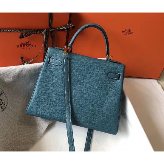 Hermes Kelly 28cm Retourne Bag In Blue Jean Clemence Leather