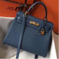 Hermes Kelly 28cm Retourne Bag In Blue Agate Clemence Leather