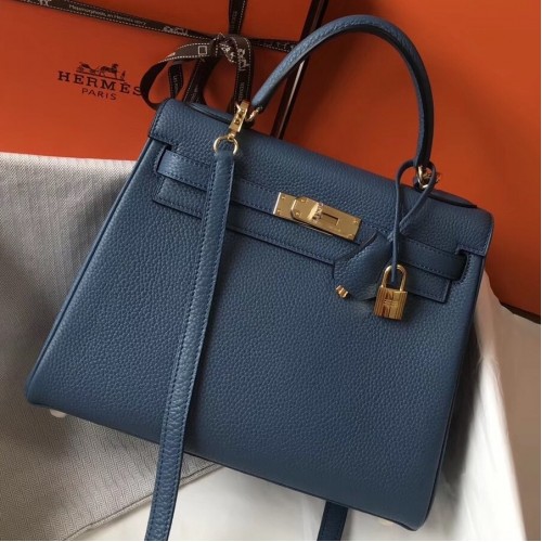 Hermes Kelly 28cm Retourne Bag In Blue Agate Clemence Leather