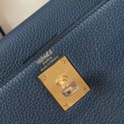 Hermes Kelly 28cm Retourne Bag In Blue Agate Clemence Leather