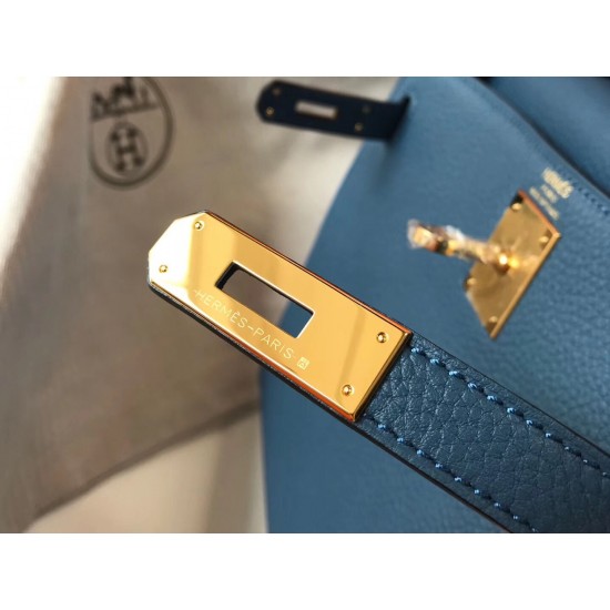 Hermes Kelly 28cm Retourne Bag In Blue Agate Clemence Leather