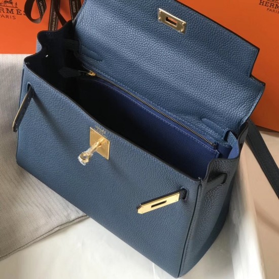 Hermes Kelly 28cm Retourne Bag In Blue Agate Clemence Leather