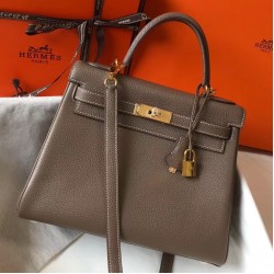 Hermes Kelly 28cm Retourne Bag In Taupe Clemence Leather