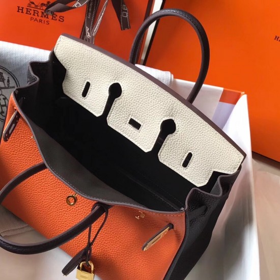 Hermes Tri-Color Birkin 25cm Bag In Orange/White/Black Clemence Leather