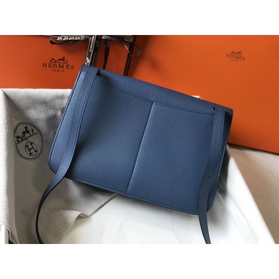 Hermes Halzan 31cm Bag In Blue Agate Clemence Leather