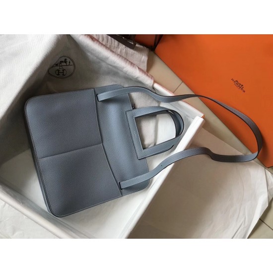 Hermes Halzan 31cm Bag In Blue Lin Clemence Leather