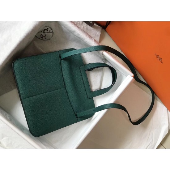 Hermes Halzan 31cm Bag In Malachite Clemence Leather