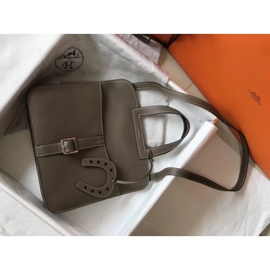 Hermes Halzan 31cm Bag In Taupe Clemence Leather