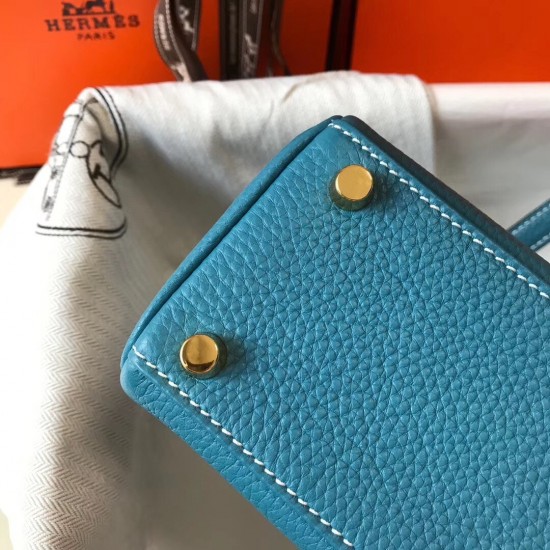 Hermes Mini Kelly 20cm Bag In Blue Jean Clemence Leather