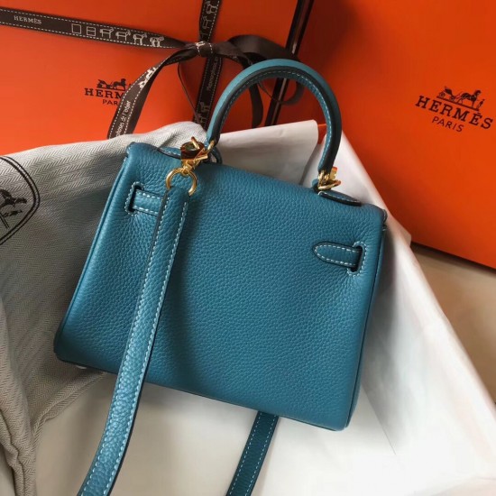 Hermes Mini Kelly 20cm Bag In Blue Jean Clemence Leather