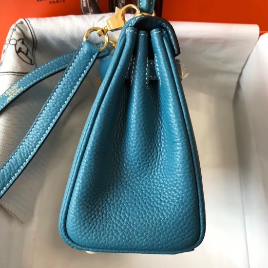 Hermes Mini Kelly 20cm Bag In Blue Jean Clemence Leather